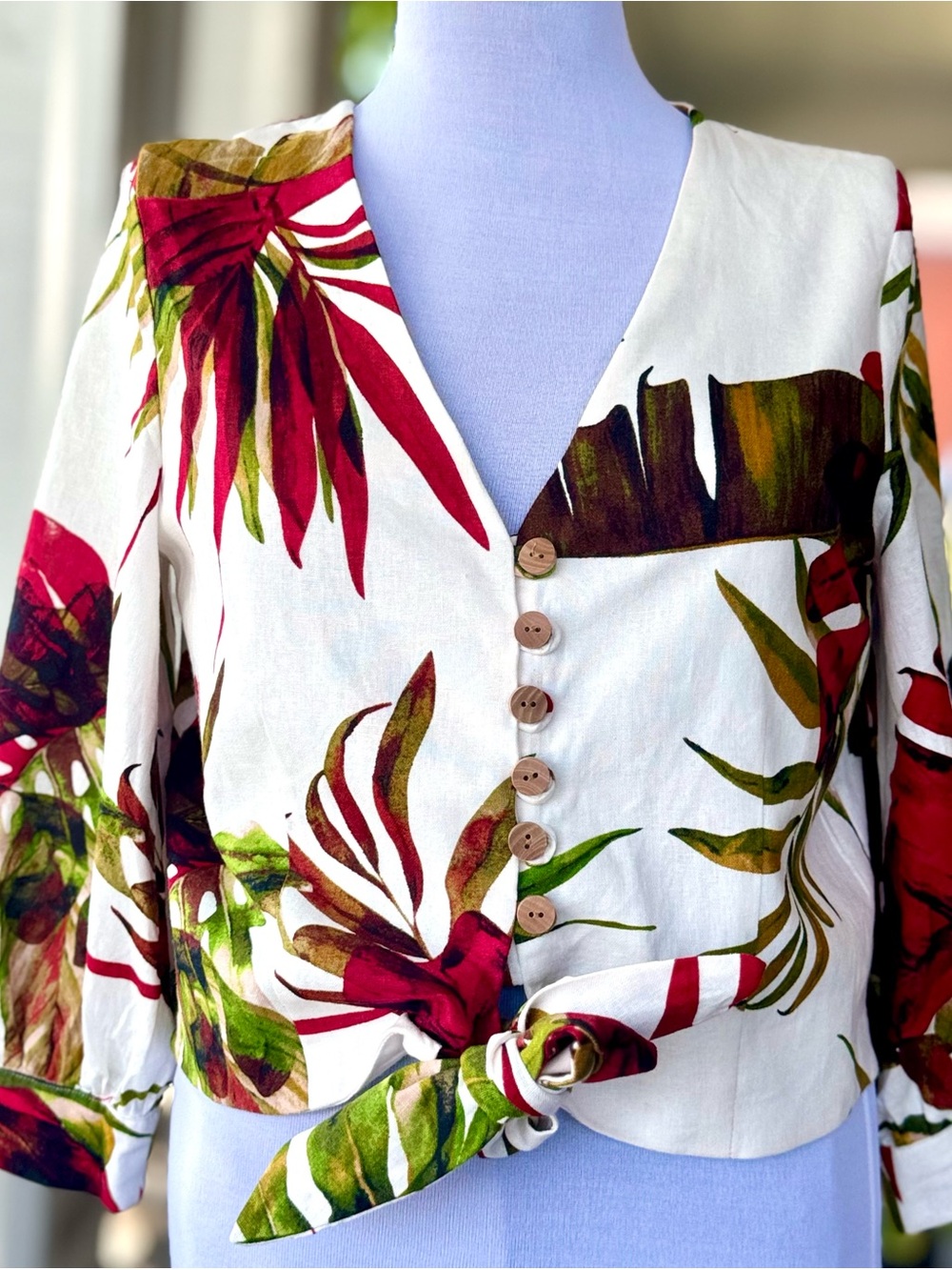 Tropical Leaf Print Tie‑Front Blouse White Red Green Linen Blend XS